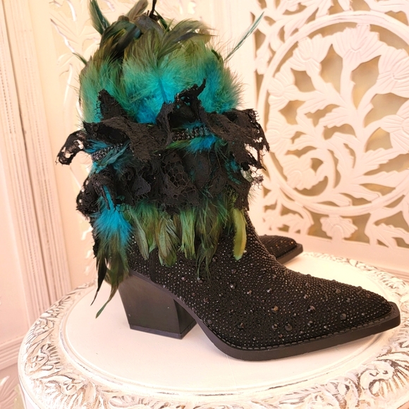 "JHETTA" Custom Order Black Diamante Feather Ankle Boots - Picture 5 of 6